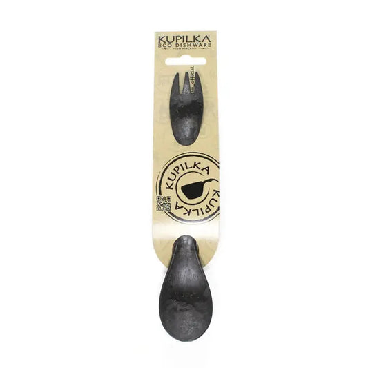 Kupilka Spork 205 Utensil in black on a beige card with a circular logo and a hanging hole.