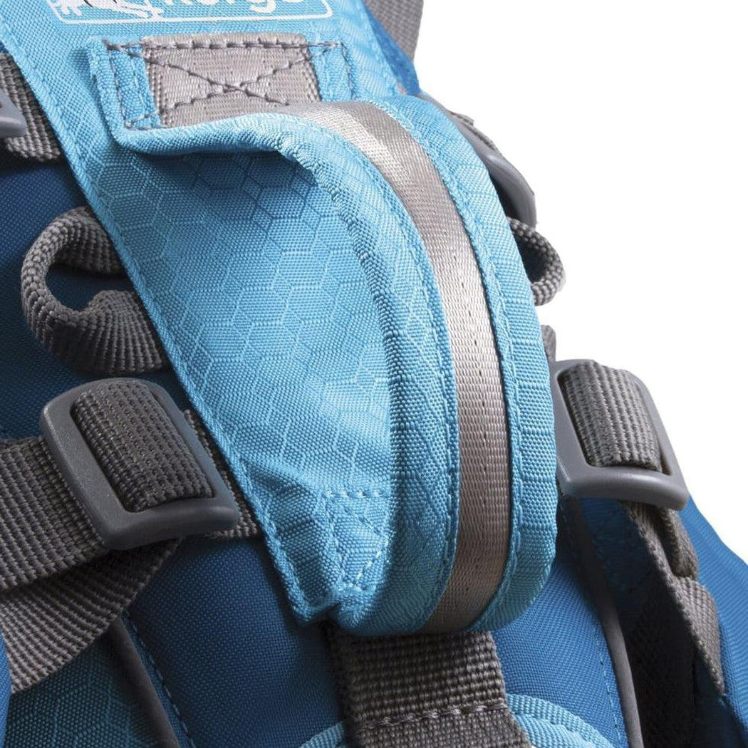 Side view of the Kurgo Big Baxter Pack in Black/Orange showing the reflective strap and buckle against a white background.