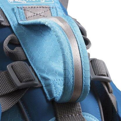 Side view of the Kurgo Big Baxter Pack in Black/Orange showing the reflective strap and buckle against a white background.
