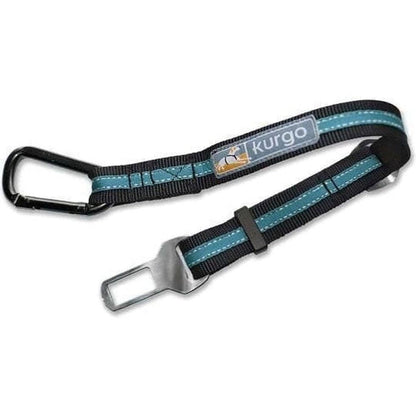 A side view of the Kurgo Direct To Seatbelt Tether in Coastal Blue showing the carabiner and seatbelt clip against a white background.