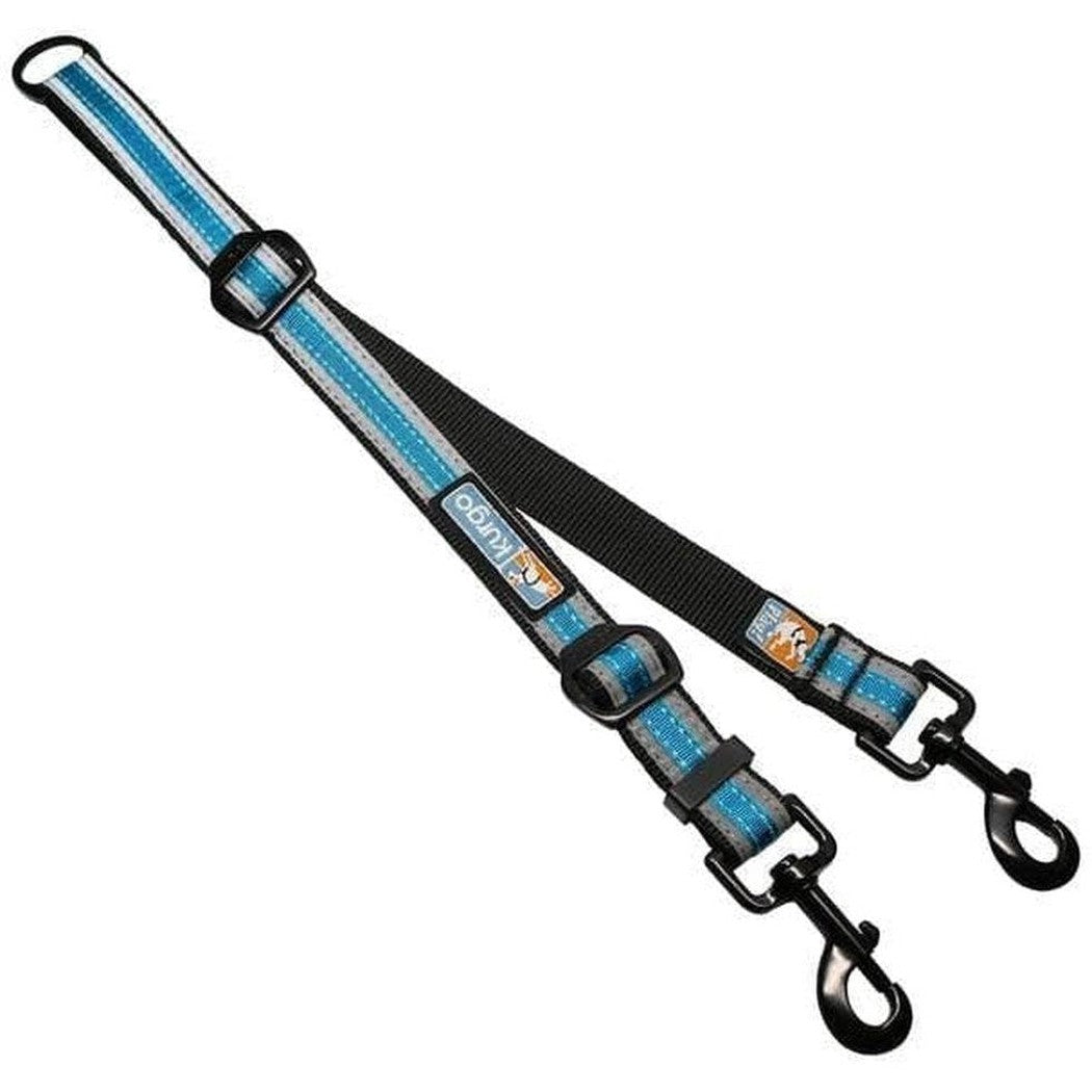 A blue Kurgo Double Dog Leash Extender with black straps and metal hooks, shown from a side angle against a white background.