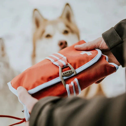 A person holds the Kurgo First Aid Kit in Paprika against a snowy background with a dog.