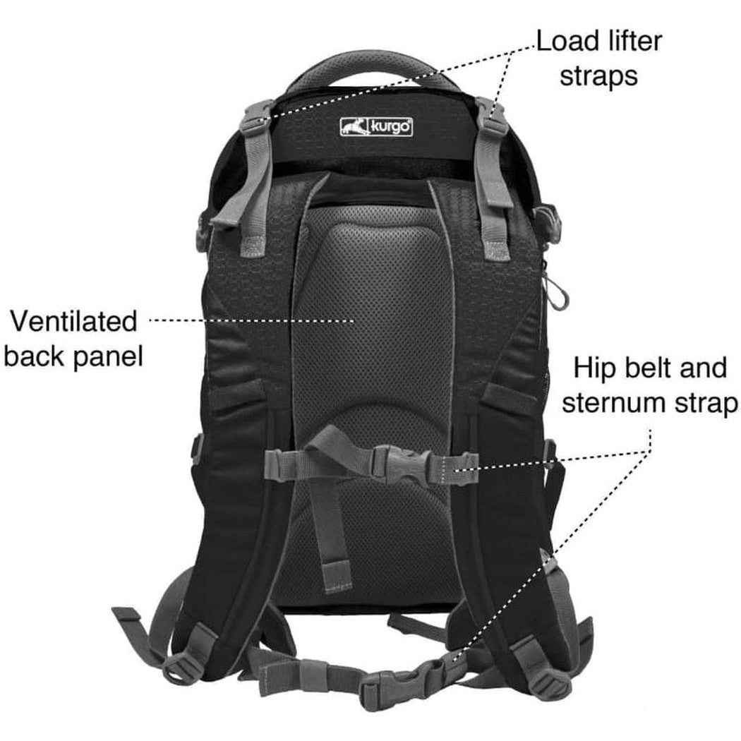 Back view of the Kurgo G-train K9 Pack in Black showing the ventilated back panel and hip belt straps.