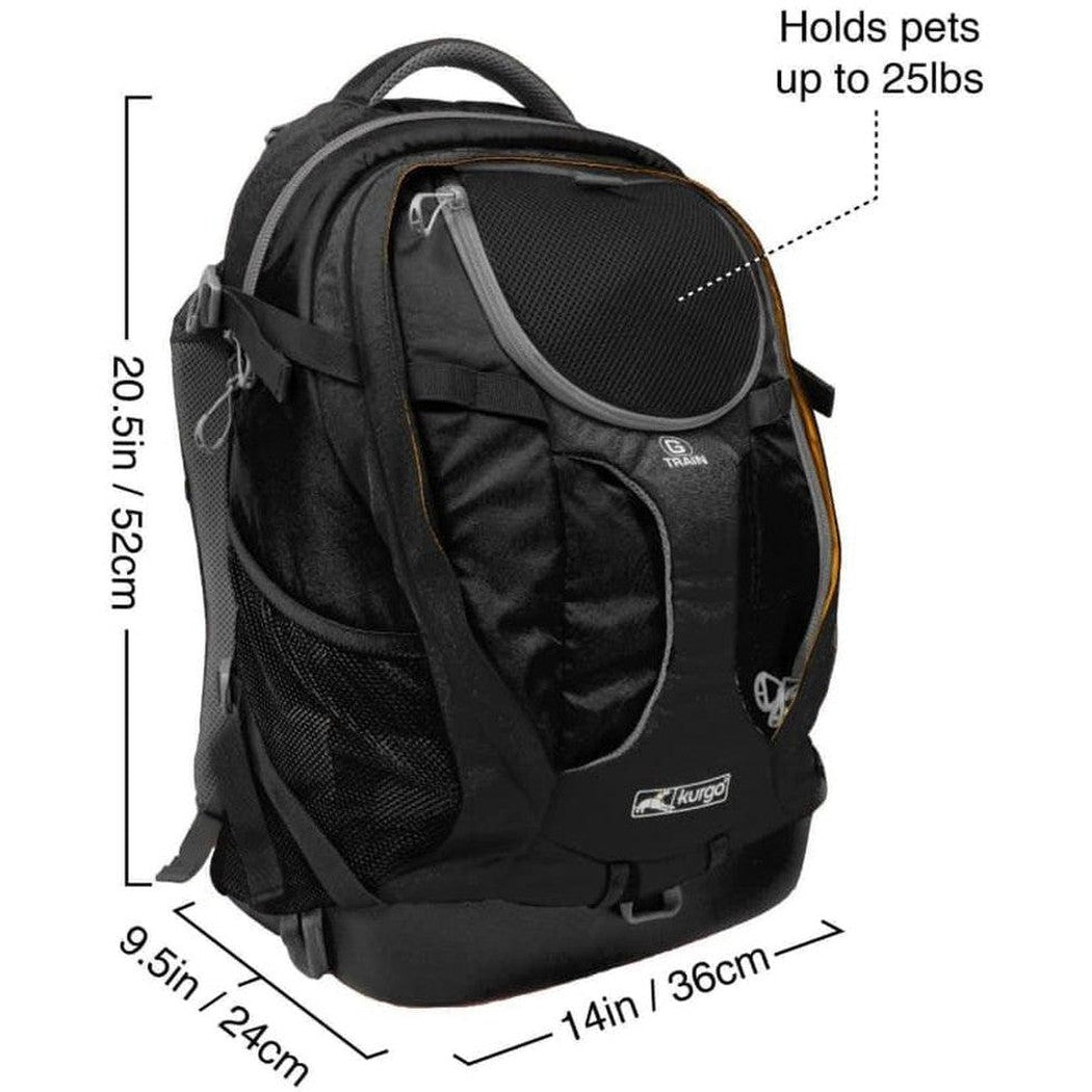 Side view of the Kurgo G-train K9 Pack in Black showing the pet compartment and dimensions against a white background.