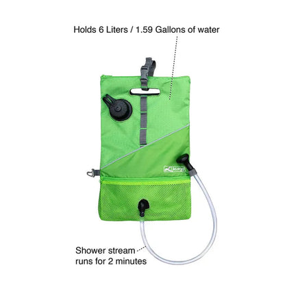 A front view of the Kurgo Go Shower Bag in Grass Green showing the water tube and shower stream feature.