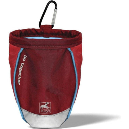 A front view of the Kurgo Go Stuff It Treat Bag in Barn/Chili Red with a carabiner clip and Kurgo logo on a white background.