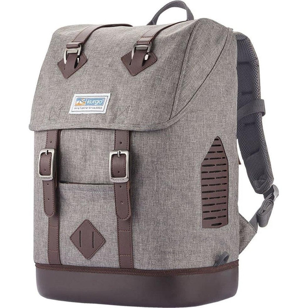 A front view of the Kurgo K9 Rucksack in Heather Grey showing the front pocket and side vents against a white background.