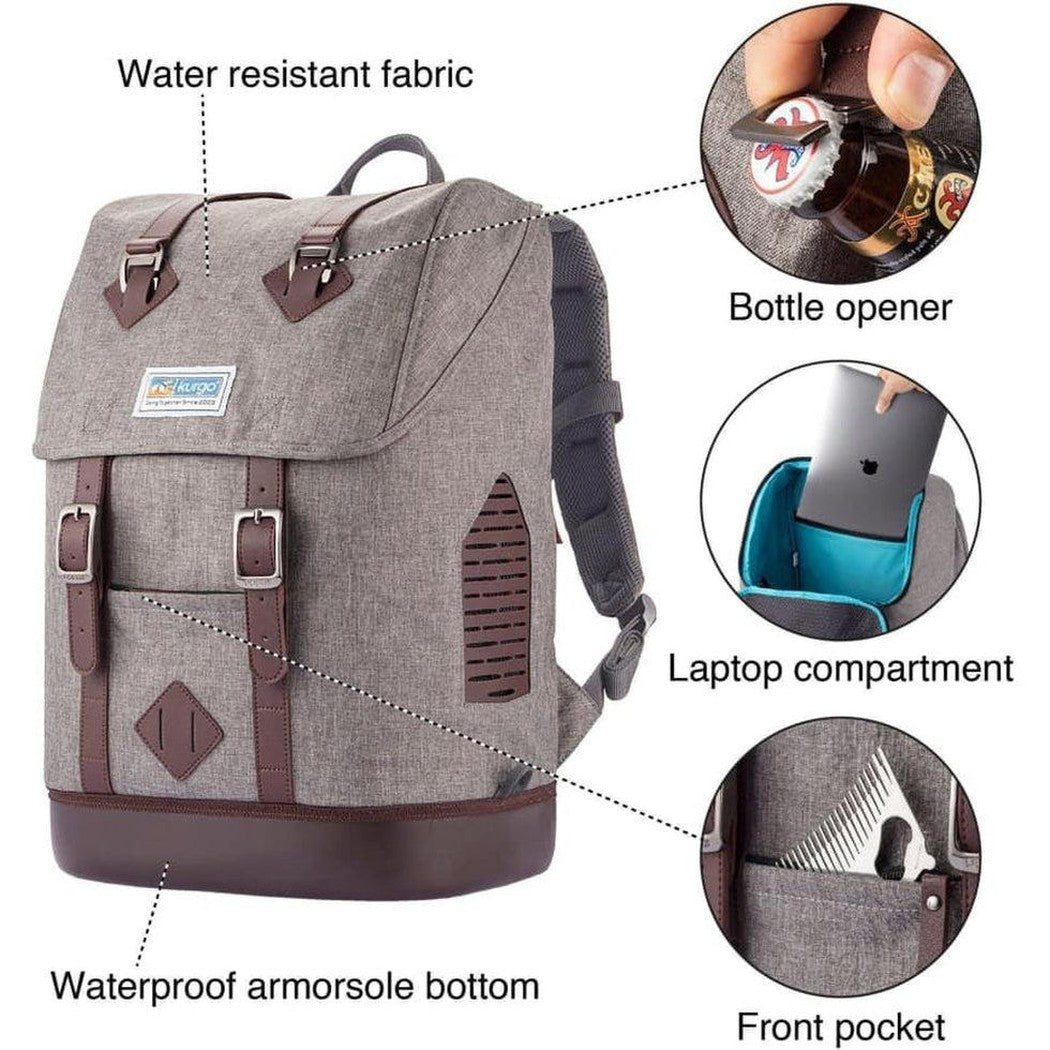 A front view of the Kurgo K9 Rucksack in Heather Grey showing the water resistant fabric and front pocket.