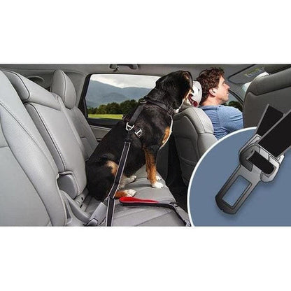 A dog wearing a Kurgo Leash To Seatbelt Buckle sits in a car seat, with a close-up of the buckle visible.
