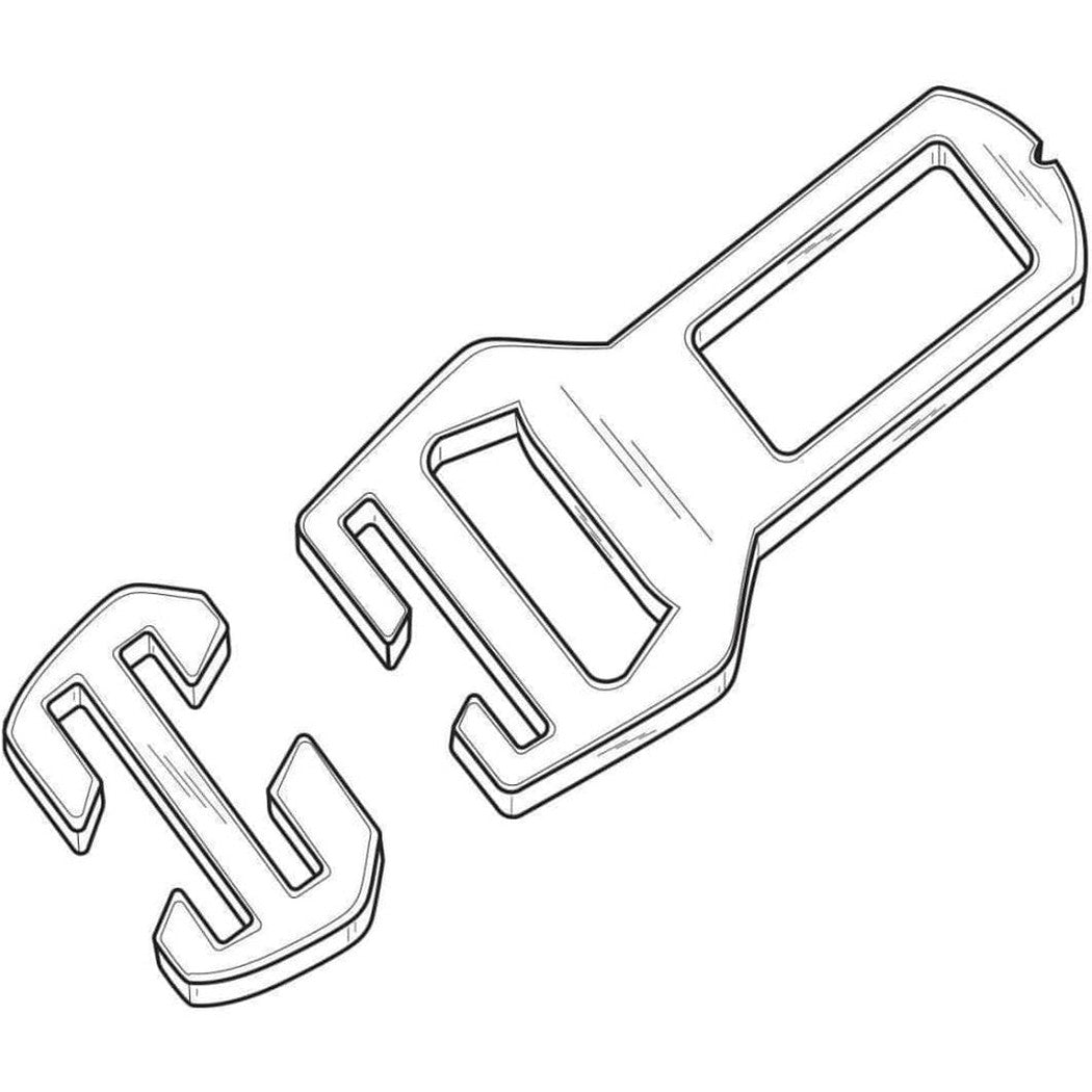 A line drawing of the Kurgo Leash To Seatbelt Buckle showing its two-piece design and rectangular slot.