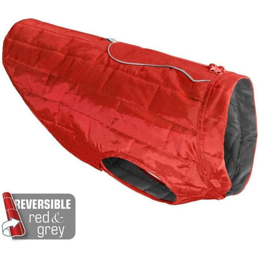 Side view of the Kurgo Loft Jacket in Chili Red/Charcoal showing the reversible feature and black interior lining.