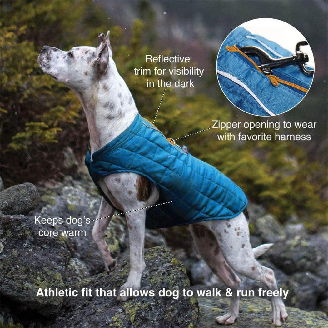 A white dog wearing a blue Kurgo Loft Jacket stands on rocks with a forest background, showing the reflective trim and zipper opening.