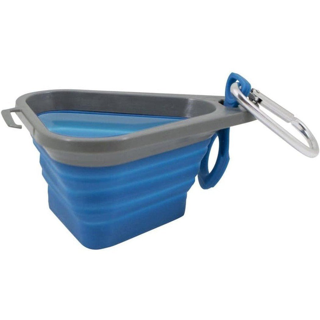 A side view of the Kurgo Mash & Stash Bowl in Coastal Blue showing the collapsible design and carabiner clip against a white background.