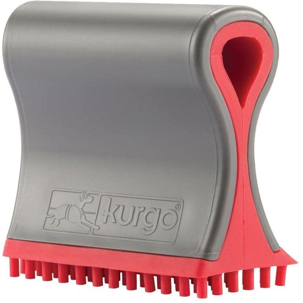 A side view of the Kurgo Shed Sweeper with red bristles and a charcoal body against a white background.