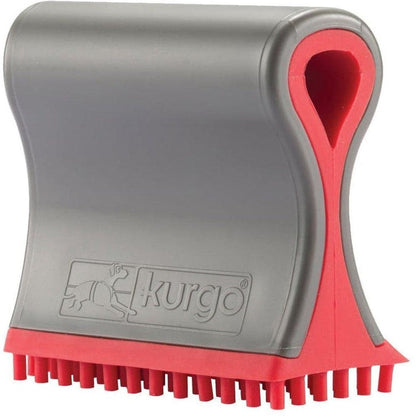 A side view of the Kurgo Shed Sweeper with red bristles and a charcoal body against a white background.