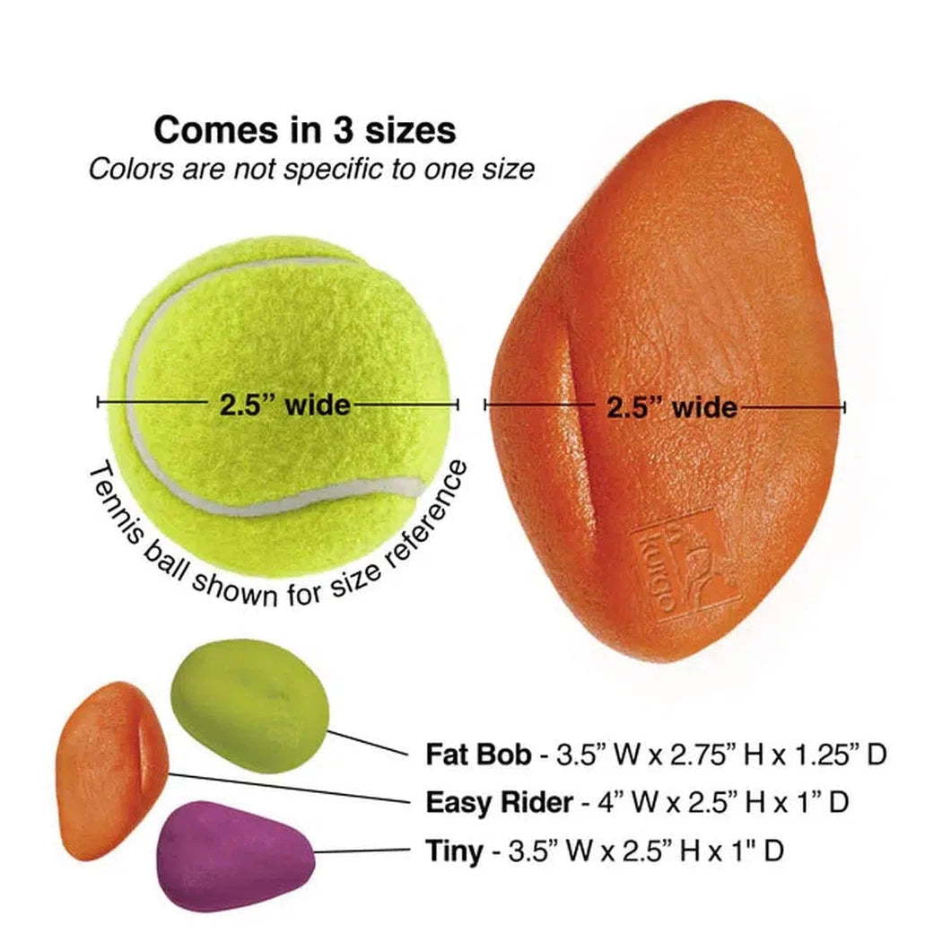 A photo of Kurgo Skipping Stones 3 Pack showing three sizes with a tennis ball for size reference.