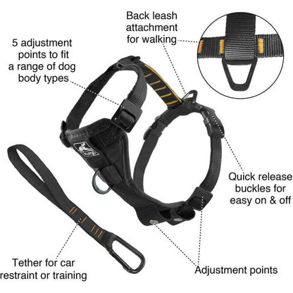 A close-up of the Kurgo Tfs Harness-enhanced Strength in Black showing the back leash attachment and quick release buckles.