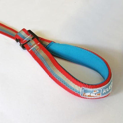 A side view of the Kurgo Walk About No Pull Leash in Charcoal/Chilli showing the padded handle and metal buckle against a white background.