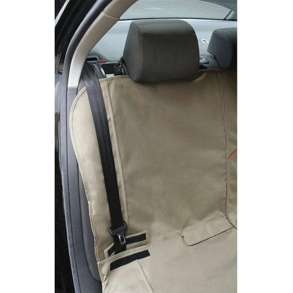 A black Kurgo Wander Bench Seat Cover on a car seat with a visible seatbelt and headrest.