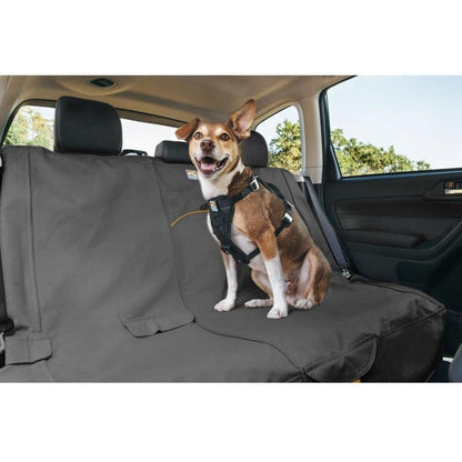 A brown and white dog wearing a harness sits on a black Kurgo Wander Bench Seat Cover in the back of a car, with trees visible outside the window.