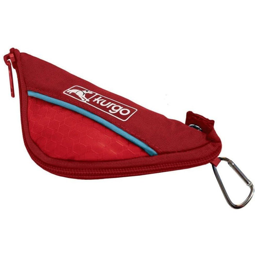 A red Kurgo Zippy Bowl with a carabiner clip is shown from a side angle against a white background.