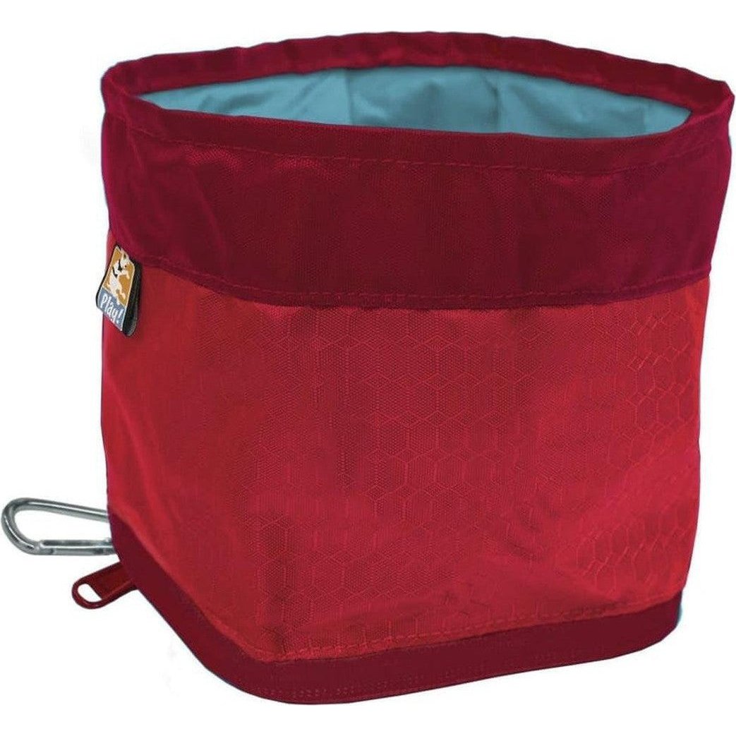 A red Kurgo Zippy Bowl with a carabiner clip is shown from the front against a white background.