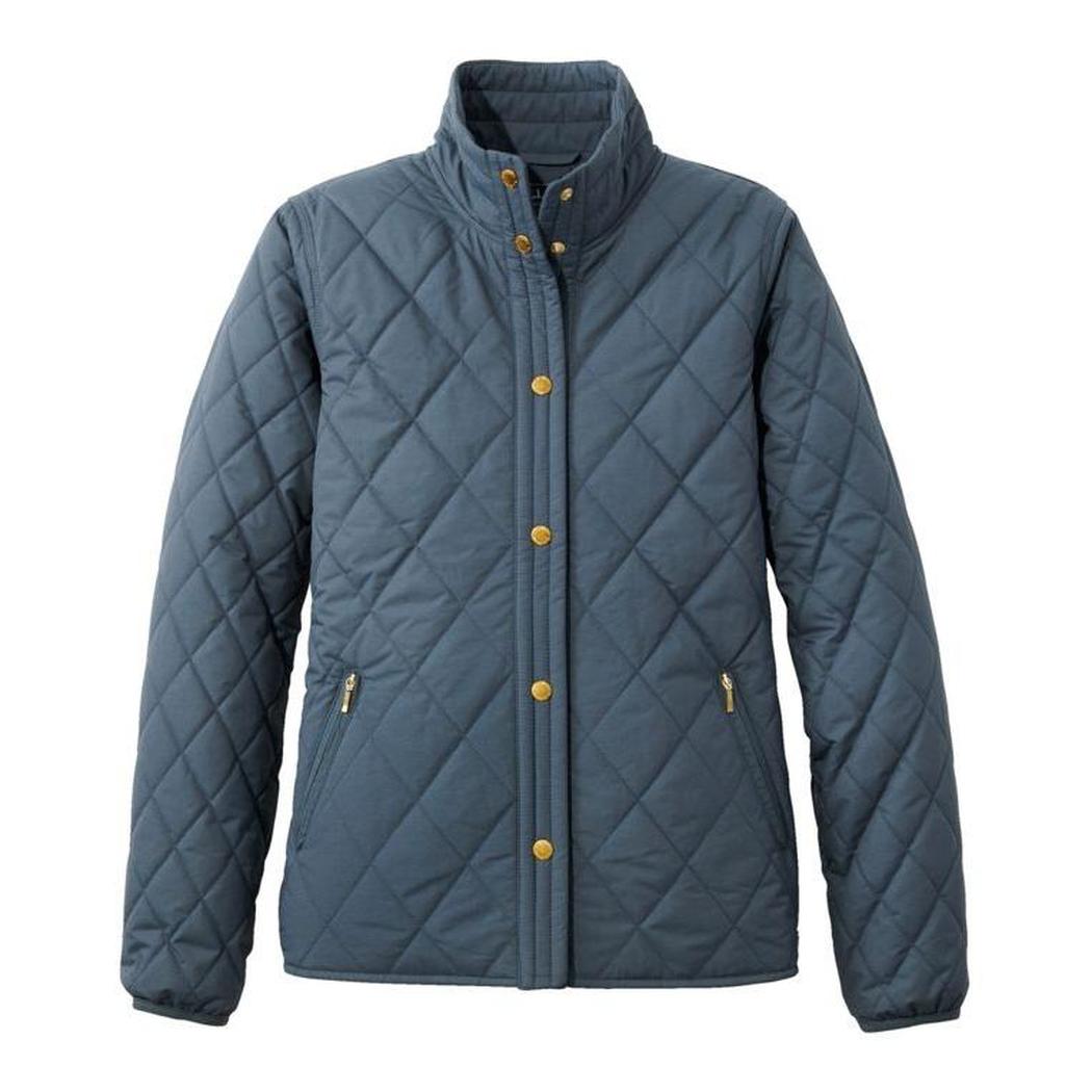 A front view of the L.L.Bean Display Sample - Women's Bean Cozy Quilted Jacket in Rangeley Blue with gold buttons and zippered pockets against a white background.