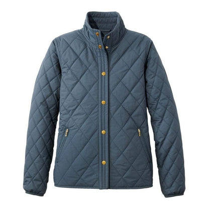 A front view of the L.L.Bean Display Sample - Women's Bean Cozy Quilted Jacket in Rangeley Blue with gold buttons and zippered pockets against a white background.
