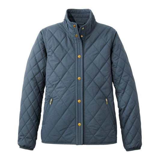 A front view of the L.L.Bean Display Sample - Women's Bean Cozy Quilted Jacket in Rangeley Blue with gold buttons and zippered pockets against a white background.