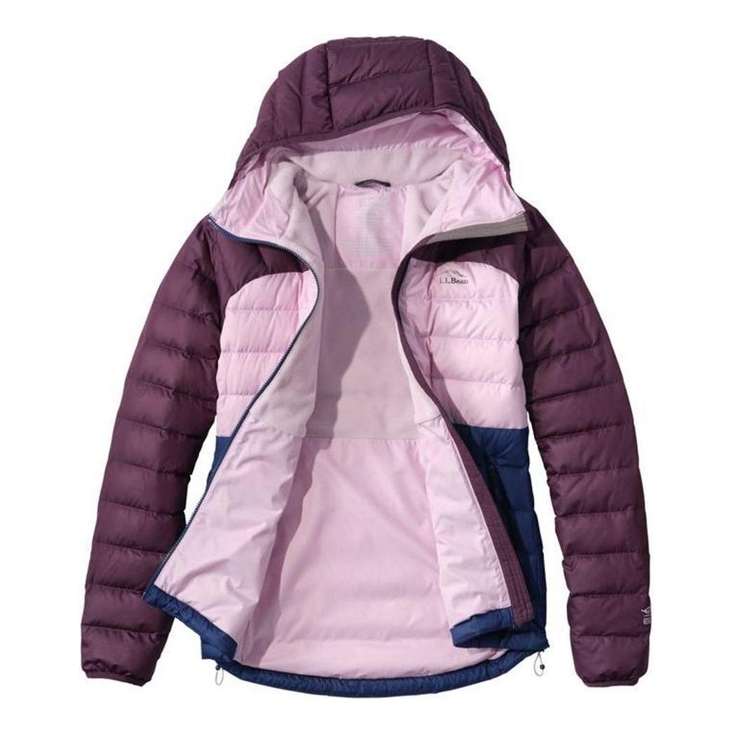 A front view of the L.L.Bean Display Sample - Women's Beans Down Hooded Jacket Stripe with a hood and front pockets, displayed against a white background.