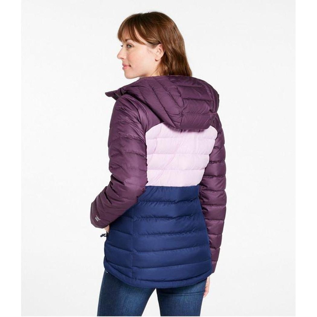Back view of the L.L.Bean Display Sample - Women's Beans Down Hooded Jacket Stripe in Burgundy Brown/Rosewood on a model wearing blue jeans against a white background.