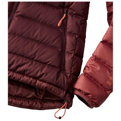 A close-up of the L.L.Bean Display Sample - Women's Beans Down Hooded Jacket Stripe in Burgundy Brown/Rosewood showing the front zipper and cuff detail.