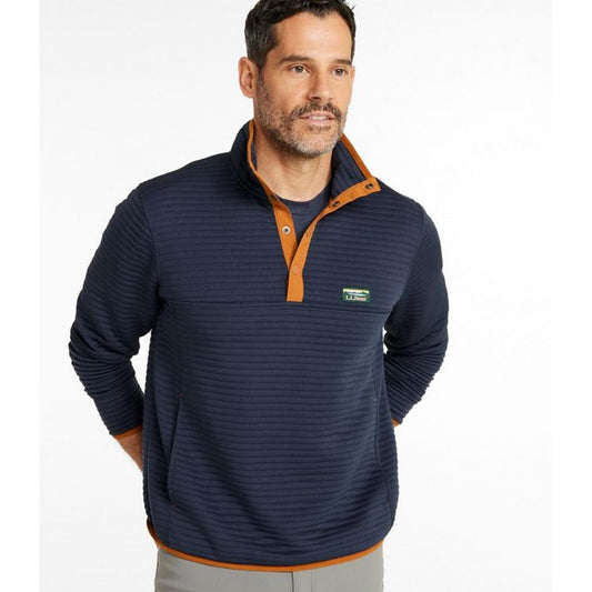 A front view of the L.L.Bean Men's Airlight Knit Pullover in Navy with orange accents on the collar and cuffs, worn by a man against a plain white background.