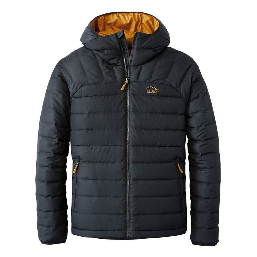 A front view of the L.L.Bean Men's Bean's Down Hooded Jacket in Black with a yellow hood lining and zippered pockets.