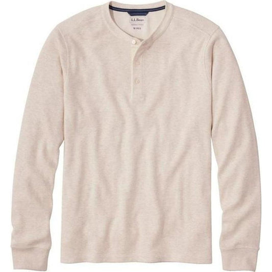 A front view of the L.L.Bean Men's Bean's Waffle Knit Henley in Oatmeal Heather showing the button placket and long sleeves.