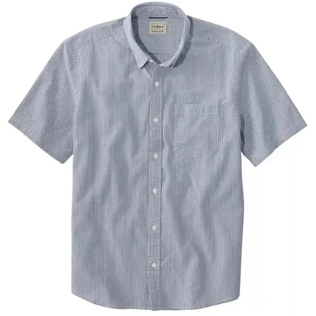 A front view of the L.L.Bean Men's Comfort Stretch Performance Seersucker Shirt in Deep Blue with a single chest pocket and white buttons.