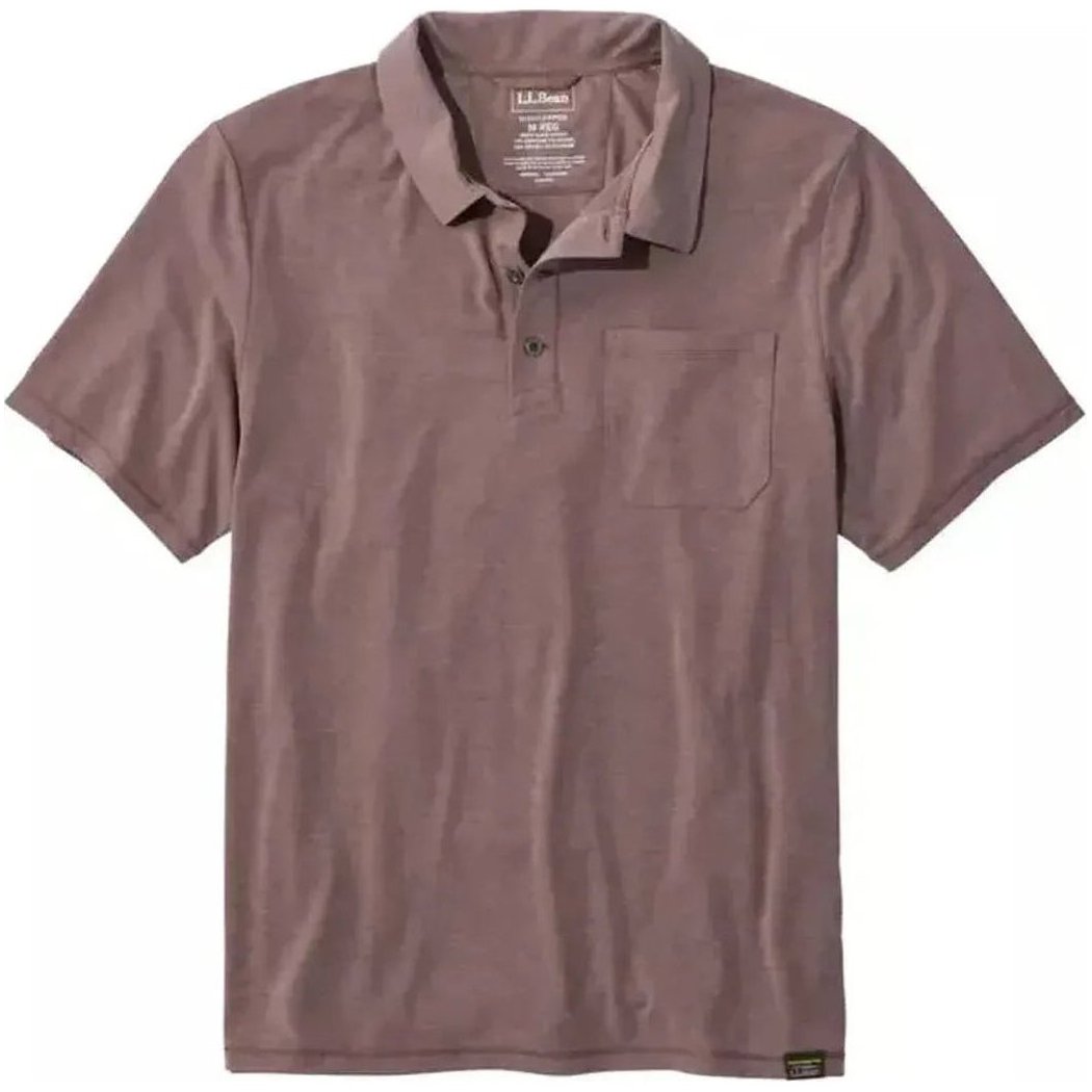 A front view of the L.L.Bean Men's Everyday SunSmart Polo 2.0, Short-Sleeve in Weathered Oak with a chest pocket and a small tag at the bottom hem.