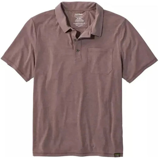 A front view of the L.L.Bean Men's Everyday SunSmart Polo 2.0, Short-Sleeve in Weathered Oak with a chest pocket and a small tag at the bottom hem.