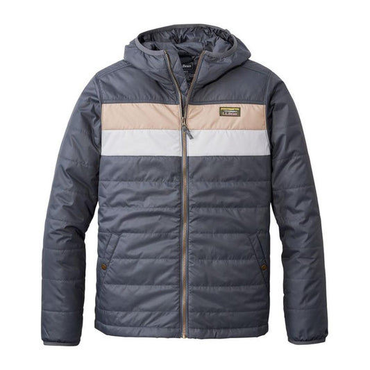 A front view of the L.L.Bean Men's Mountain Classic Colorblock Puffer Hooded Jacket in Iron/Putty showing the colorblock design and hood against a white background.