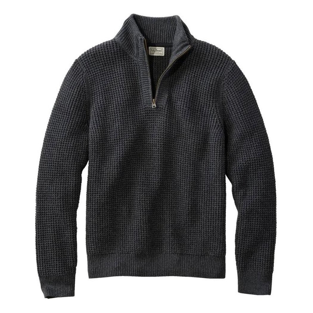 L.L.Bean Men's Organic Cotton Waffle Quarter Zip Sweater-Men's - Clothing - Tops-Faded Black-M-Appalachian Outfitters