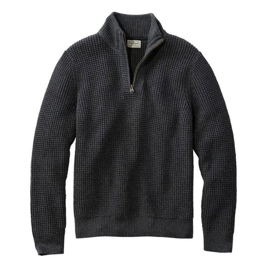 L.L.Bean Men's Organic Cotton Waffle Quarter Zip Sweater-Men's - Clothing - Tops-Faded Black-M-Appalachian Outfitters