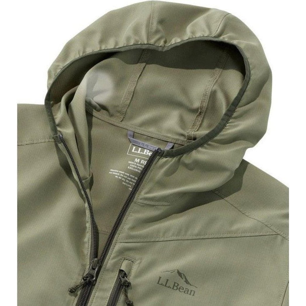 Olive Gray L.L.Bean Men's Regular No Fly Zone Jacket close up showing the hood and zipper against a white background.