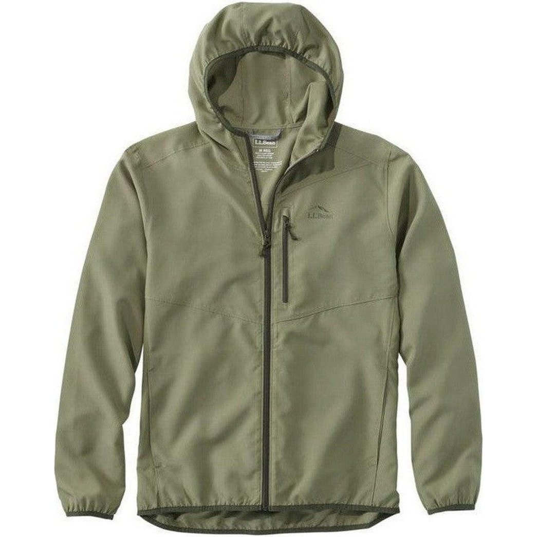 Olive Gray L.L.Bean Men's Regular No Fly Zone Jacket with hood and front zipper pocket shown from front on white background.