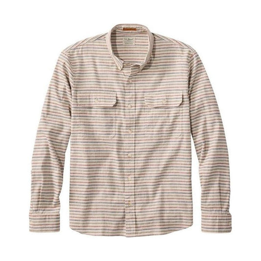 A front view of the L.L.Bean Men's Stonecoast Cotton Hemp Shirt Long Sleeve Slightly Fitted Stripe in Silver Birch showing the chest pockets and button front against a white background.