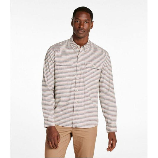 L.L.Bean Men's Stonecoast Cotton Hemp Shirt Long Sleeve Slightly Fitted Stripe-Men's - Clothing - Tops-Silver Birch-M-Appalachian Outfitters