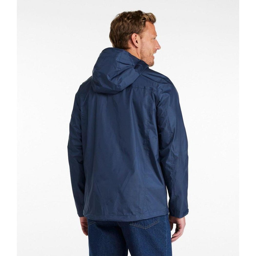 Back view of the L.L.Bean Men's Trail Model Rain Jacket in Everngreen on a model wearing blue jeans against a white background.