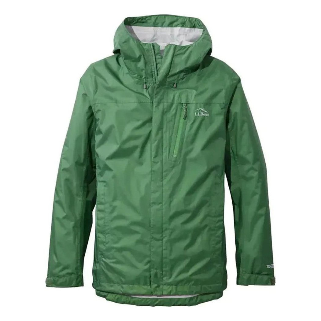 Everngreen L.L.Bean Men's Trail Model Rain Jacket with hood and chest pocket, front view against white background.