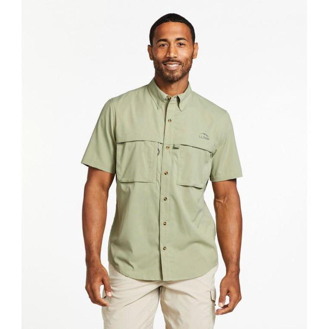 A front view of the L.L.Bean Men's Tropicwear Shirt Short Sleeve in Dusty Sage on a model against a white background.