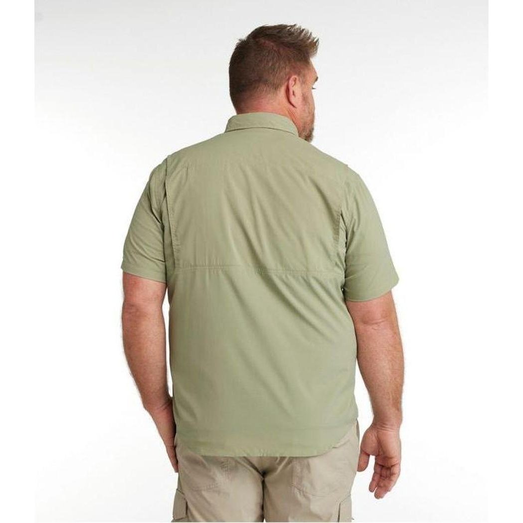 Back view of the L.L.Bean Men's Tropicwear Shirt Short Sleeve in Dusty Sage on a model against a white background.