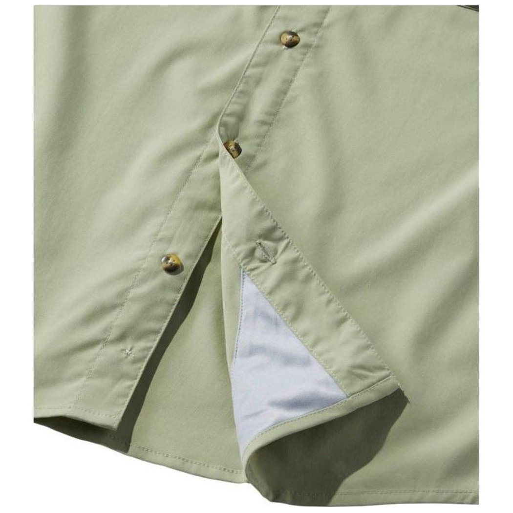 Side view of the L.L.Bean Men's Tropicwear Shirt Short Sleeve in Dusty Sage showing the button placket and inner lining.